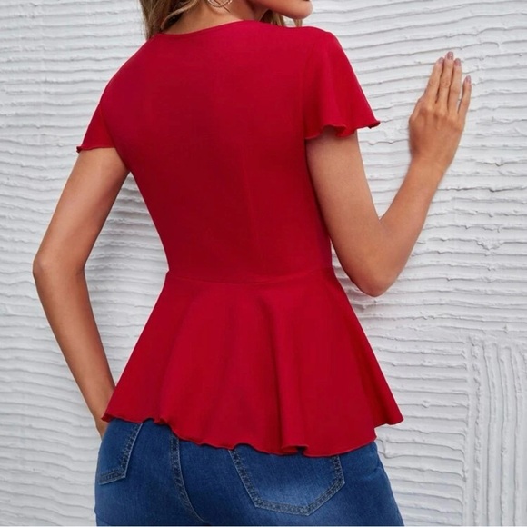 Red Peplum Blouse with Short Sleeves - Picture 2 of 4